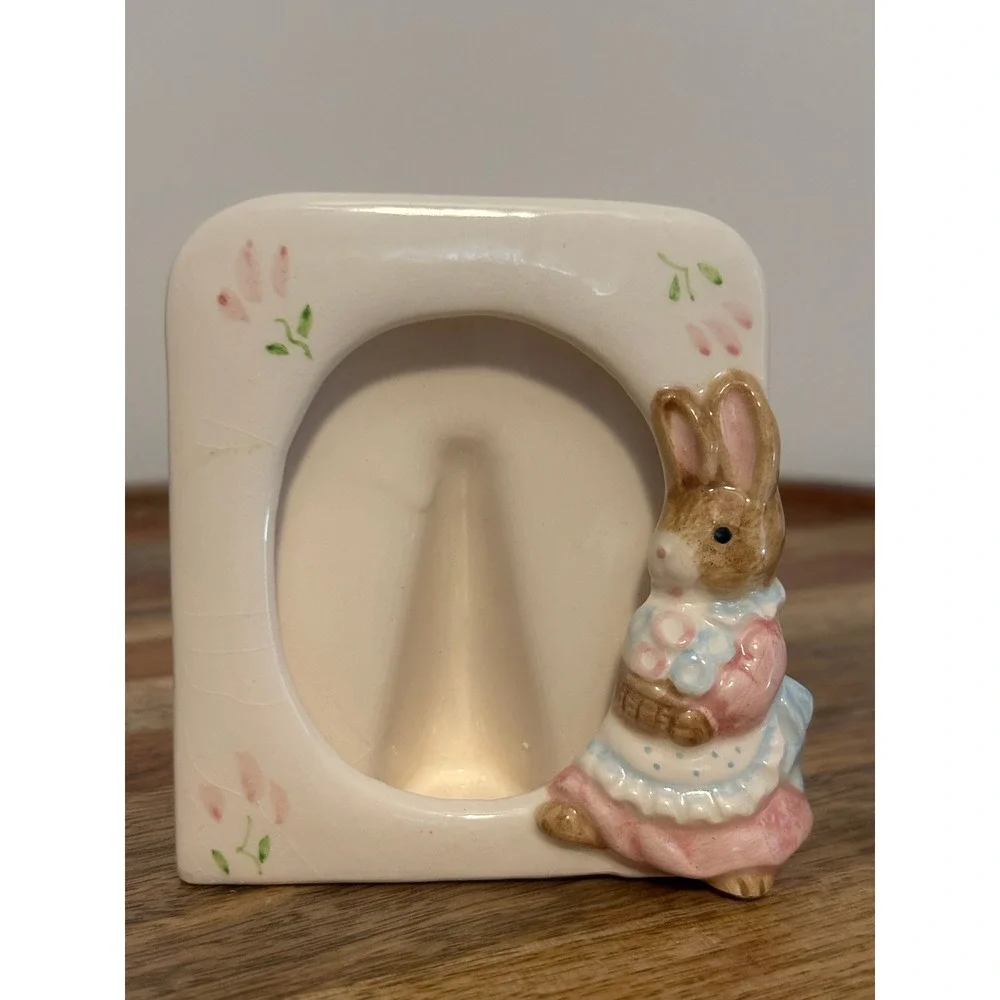 Vintage Ceramic Bunny Rabbit Picture Frame Nursery Decor Pink Blue 3D Relief